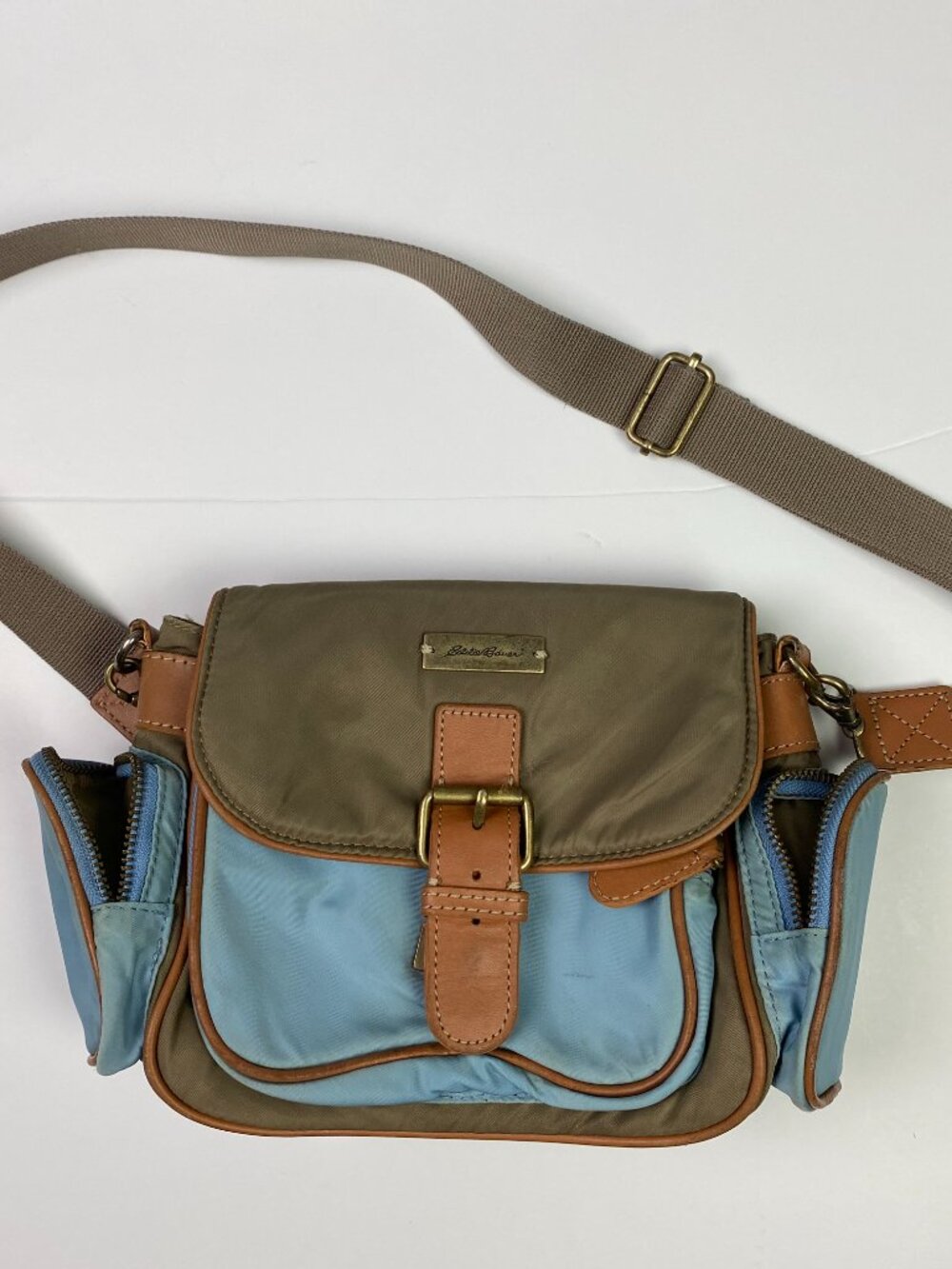 Eddie Bauer Nylon Bag Handbag Crossbody Leather Accents Blue Olive Womens 10 x 7